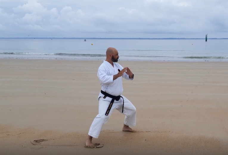 Professeur en position de karaté sur la plage